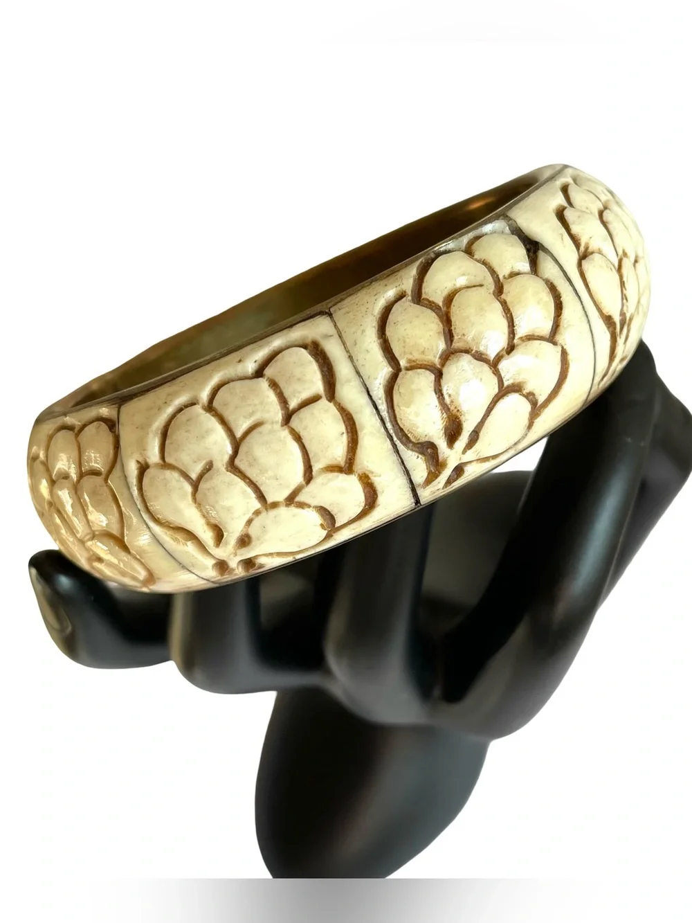 Vintage Carved Bone And Brass Bangle Bracelet